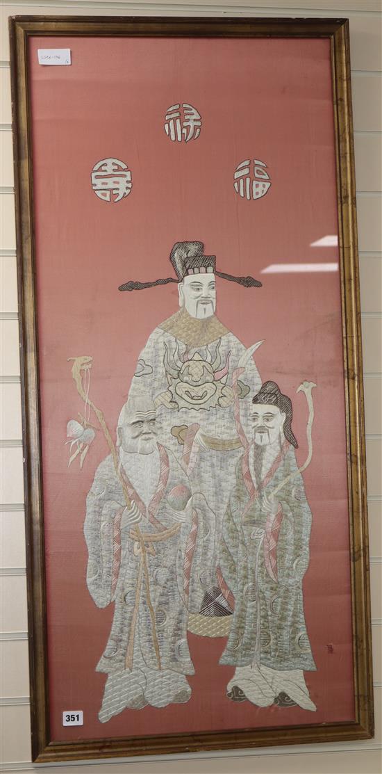 A Chinese silkwork panel, 43.5 x 19in., and a colour print